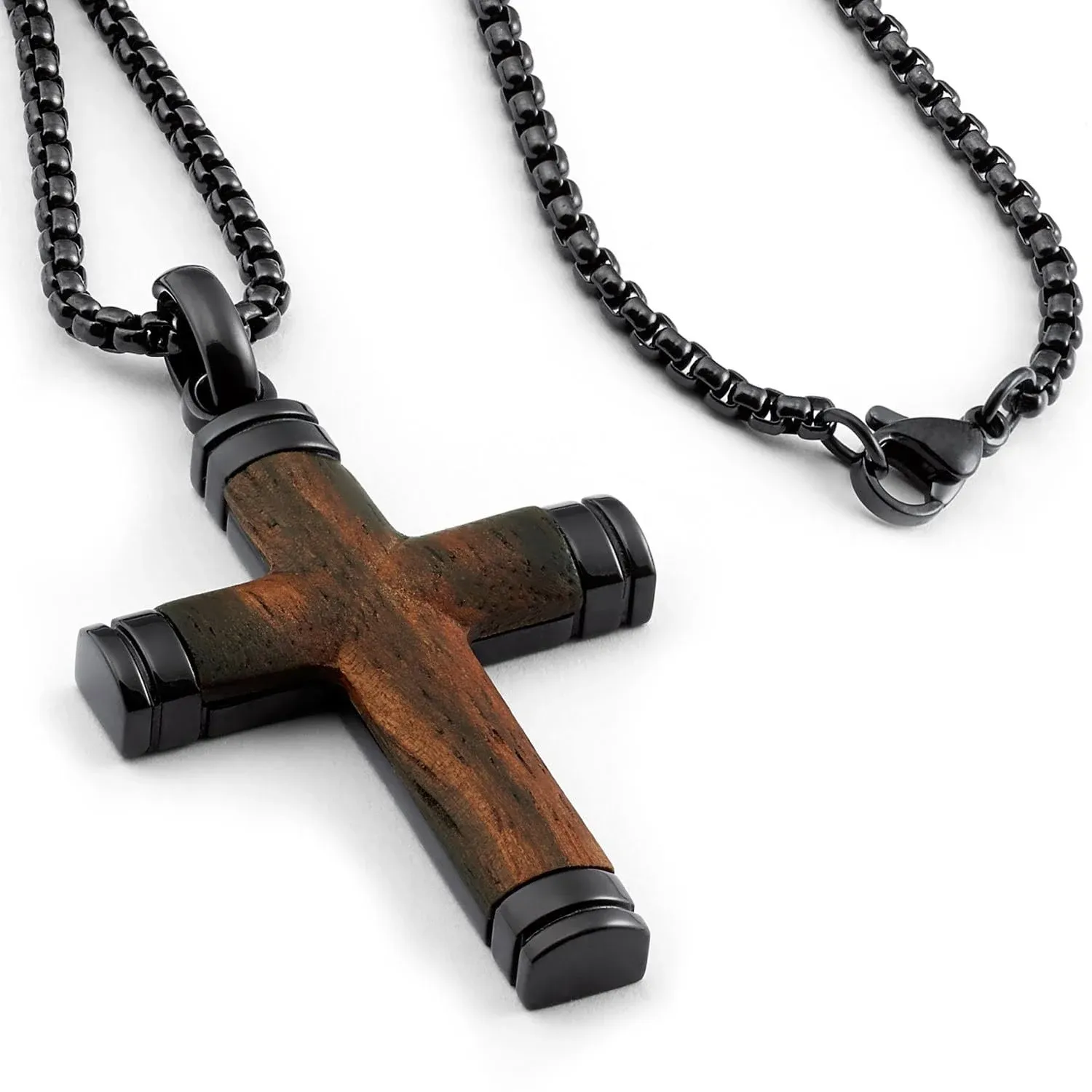 Metal Masters Co. Wooden Cross Necklace Pendant Black 24" Stainless Steel Chain Real Santos Wood