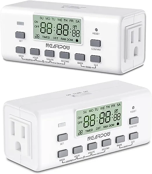 [2 Pack] NEARPOW Digital Timer For Lamp With Dual Outlets, Programmable Timer In Door, Outlet Timer For Lights,10 On/Off Programs, 24-Hour And 7-Day Programmable Electric Plug Timer,3 Prong, 15A/1875W