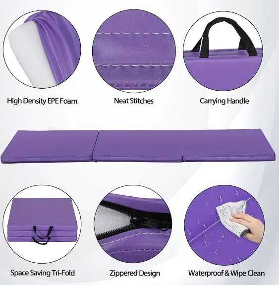 6&#039; x 2&#039; Tri-Fold PU leather Gymnastics Mat Gym Fitness Exercise Mat Purple