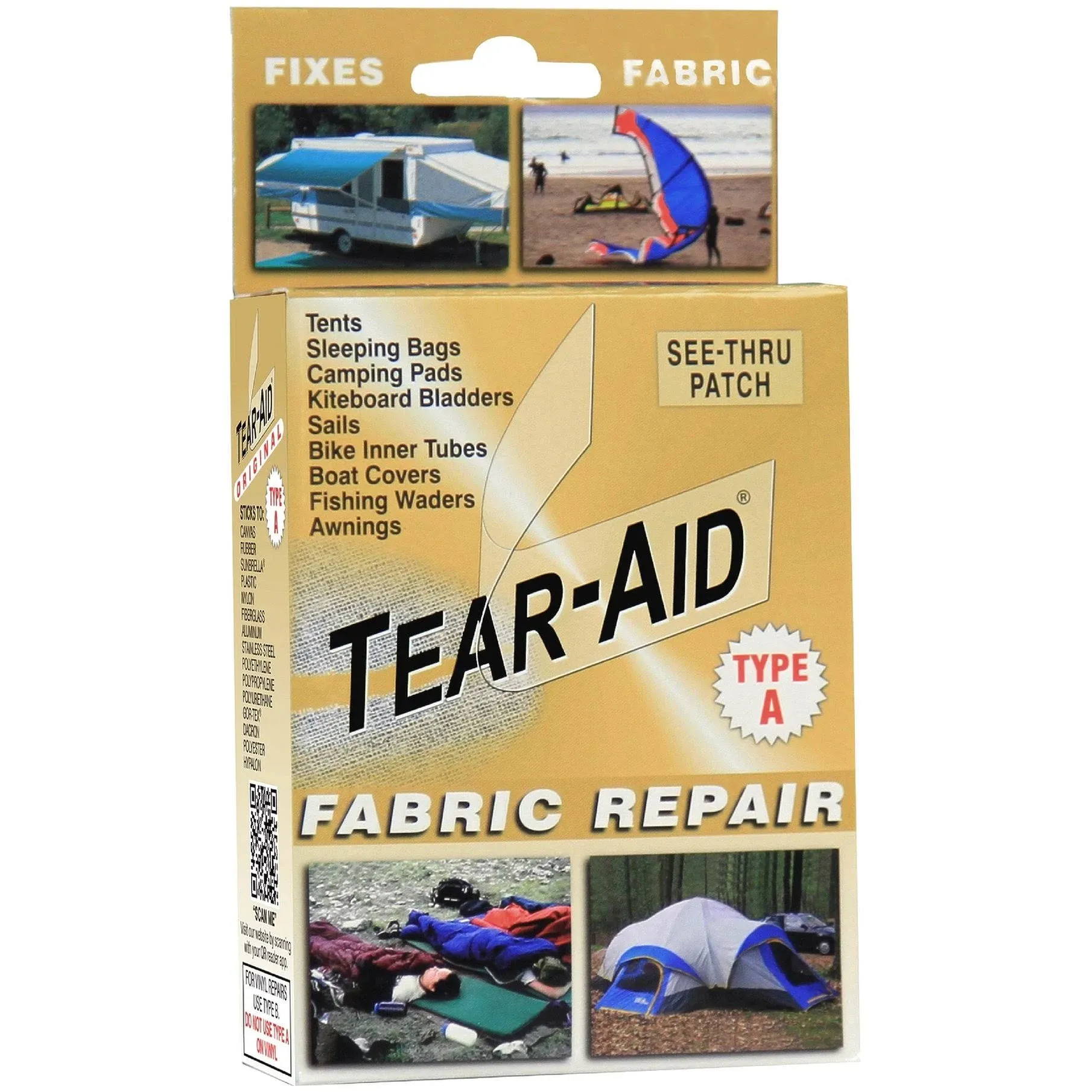 TEAR-AID Fabric Repair Kit, Type A Clear Patch for Canvas, Fiberglass, Leather, Polyester, Nylon & More, 3in x 5ft Roll, Single Pack