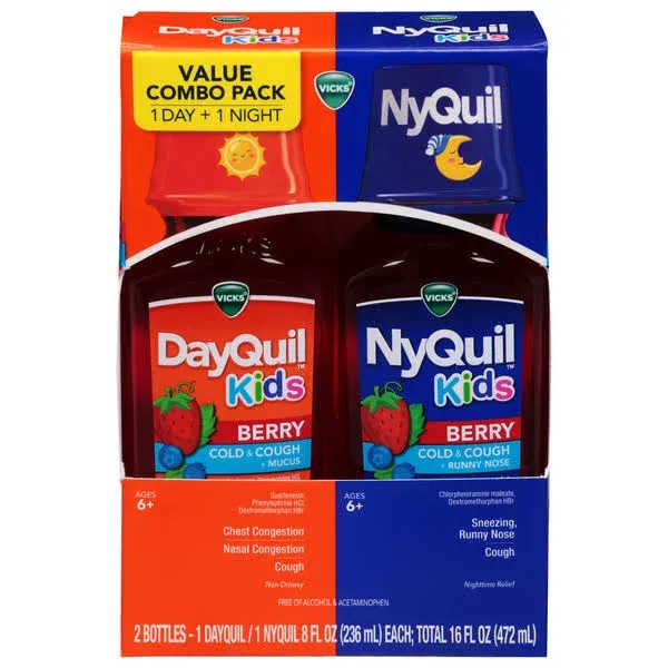 VICKS DayQuil & NyQuil Kids Berry Cold & Cough Medicine Combo Pack, Daytime & Nighttime Relief, 2 8 FL OZ Bottles