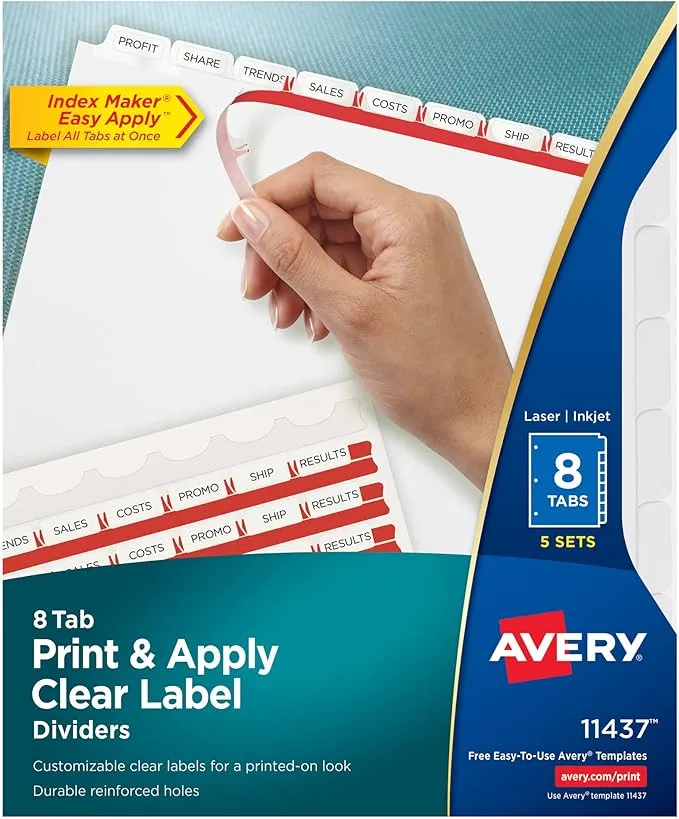 Print and Apply Index Maker Clear Label Dividers, 8 White Tabs, Letter, 5 Sets