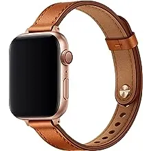 OUHENG Slim Band Compatible with Apple Watch 41mm 40mm 38mm, Women Genuine Leather Replacement Thin Strap for iWatch SE2 SE Series 8 7 6 5 4 3 2 1 (Brown/Rose Gold, 38mm)