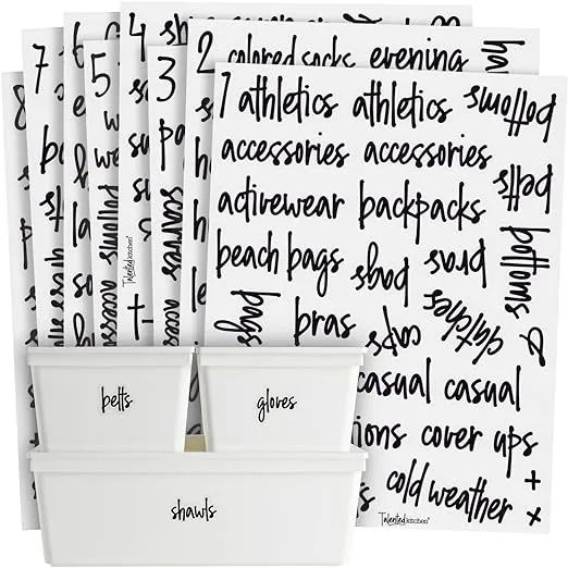 Talented Kitchen 224 Closet Labels for Bins and Baskets, Preprinted Black Script Stickers for Organization and Storage (Water Resistant)