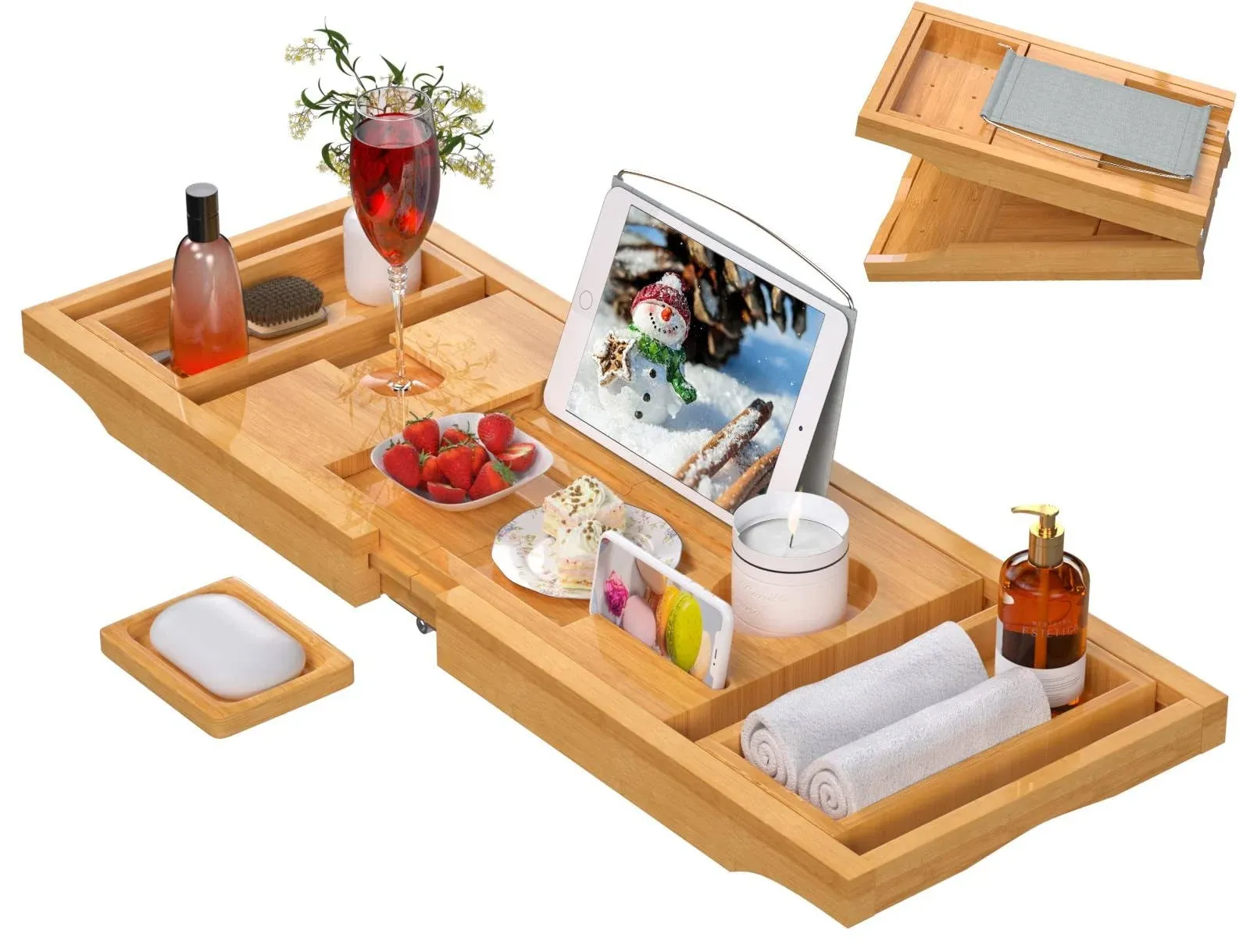 Artmalle Bathtub Caddy Tray for Tub,Foldable Bamboo Bath Table Tray with Book and Wine Glass Holder, Expandable Bathroom Accessories with Free Soap