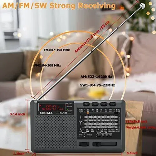 XHDATA D368 Shortwave AM FM 12 Band DSP Stereo Portable Radio MP3 Player Wireless BT Speaker with Rechargeable Battery Multimedia Speaker Support Micro SD Card USB Flash Drives (Black)XHDATA D368 Shortwave AM FM 12 Band DSP Stereo Port…