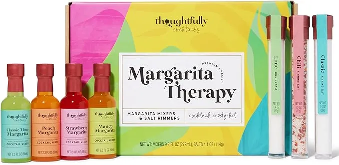 Thoughtfully Cocktails, Margarita Cocktail Therapy Gift Set, Pre-Measured Single Serve Mixers, Includes 4 Fruit Flavored Margarita Mixers and 3 Flavored Rimming Salts, Set of 7 (Contains NO Alcohol)