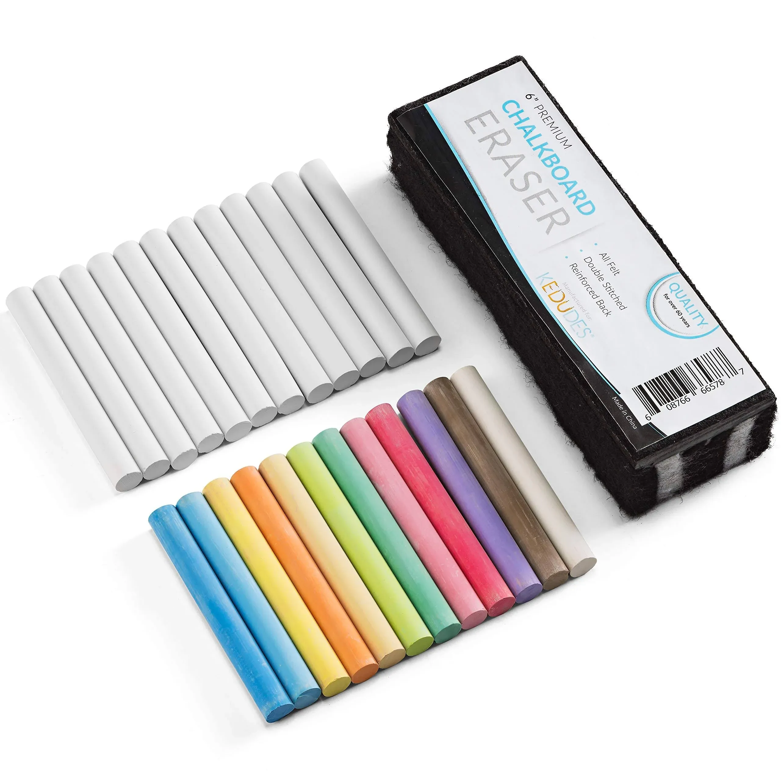 Kedudes Non-Toxic Dustless Chalk with Eraser (24 Pack) - 12 Colored Chalk + 12 W