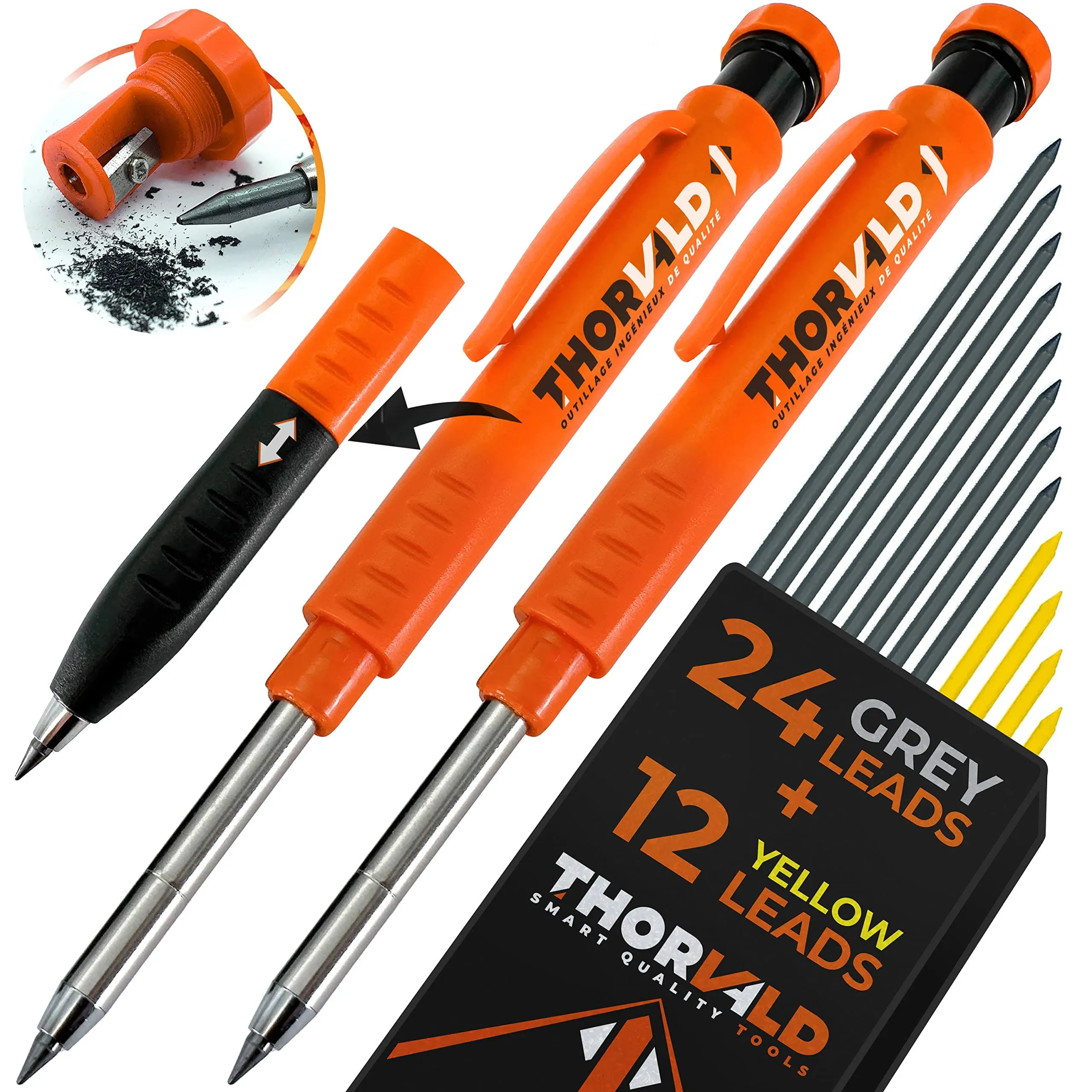 Thorvald 2 Carpenter Pencils Set for Construction - Incl 38 Leads + Sharpener + Finger Grip + Bubble Level - Solid Mechanical Pencils Wit