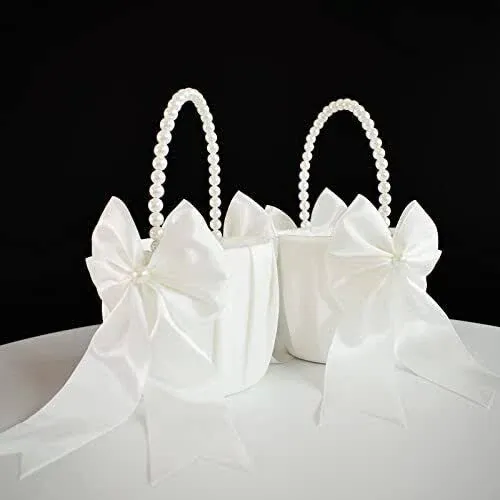 2 Flower Girl Baskets and Ring Bearer Pillow Set, Flower Girl Basket with Pearl Handle, Ivory Fariy Wedding Baskets for Flower Girls