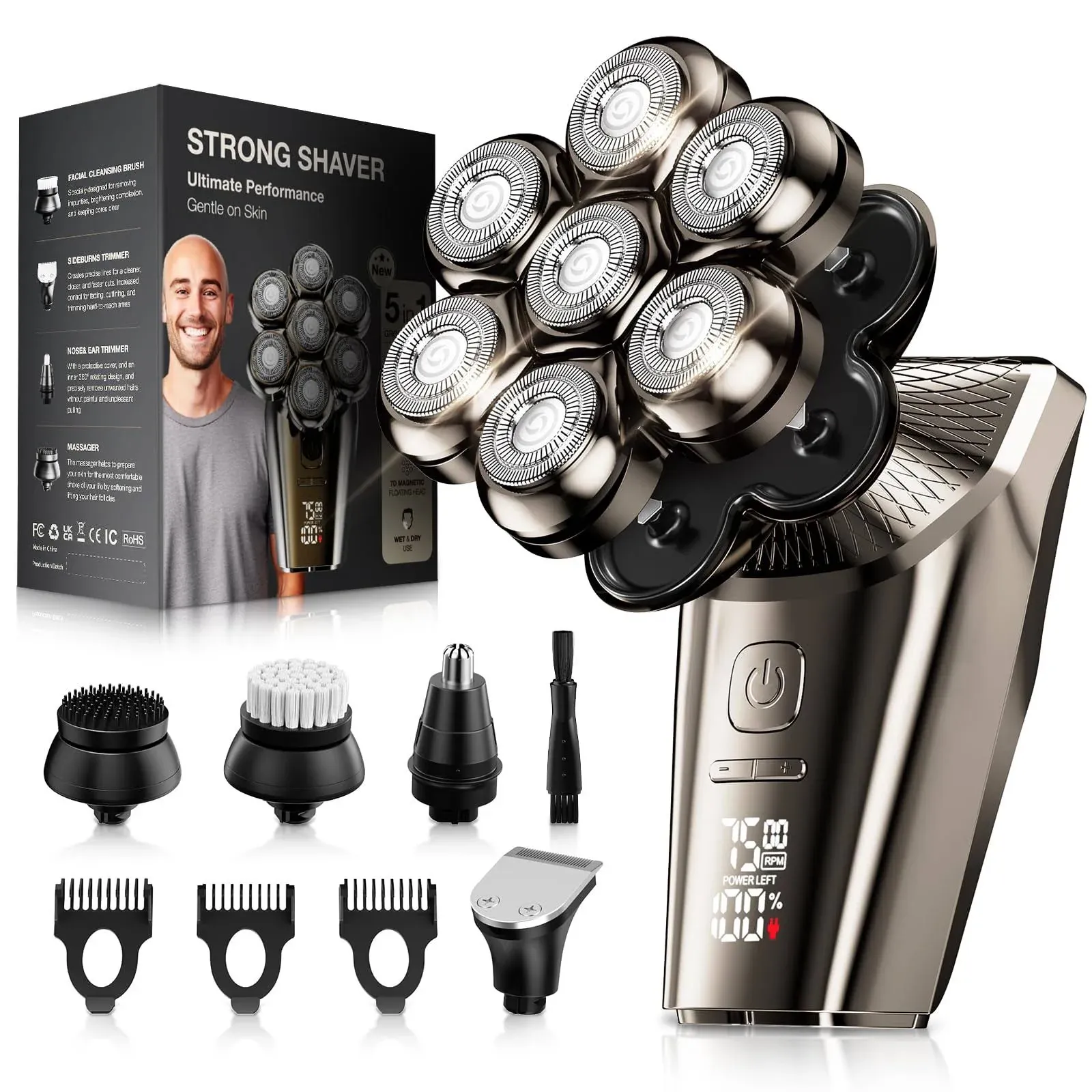 Head Shavers for Bald Men, SHPAVVER 9 in 1 Head Shaving Kit, IPX7 Waterproof Rotary Shaver, Wet/Dry Use, Rechargeable, Electric Shavers Black Gold, Ideal Gift