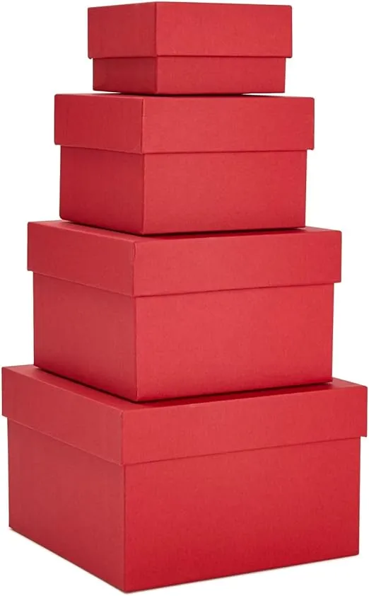 Stockroom Plus 4 Pack Square Nesting Gift Boxes, Decorative Boxes with Lids in 4 Assorted Sizes for Wedding Reception, Bridal Shower, Baby Shower, Anniversary, Birthday Party Goodie Boxes (Red)