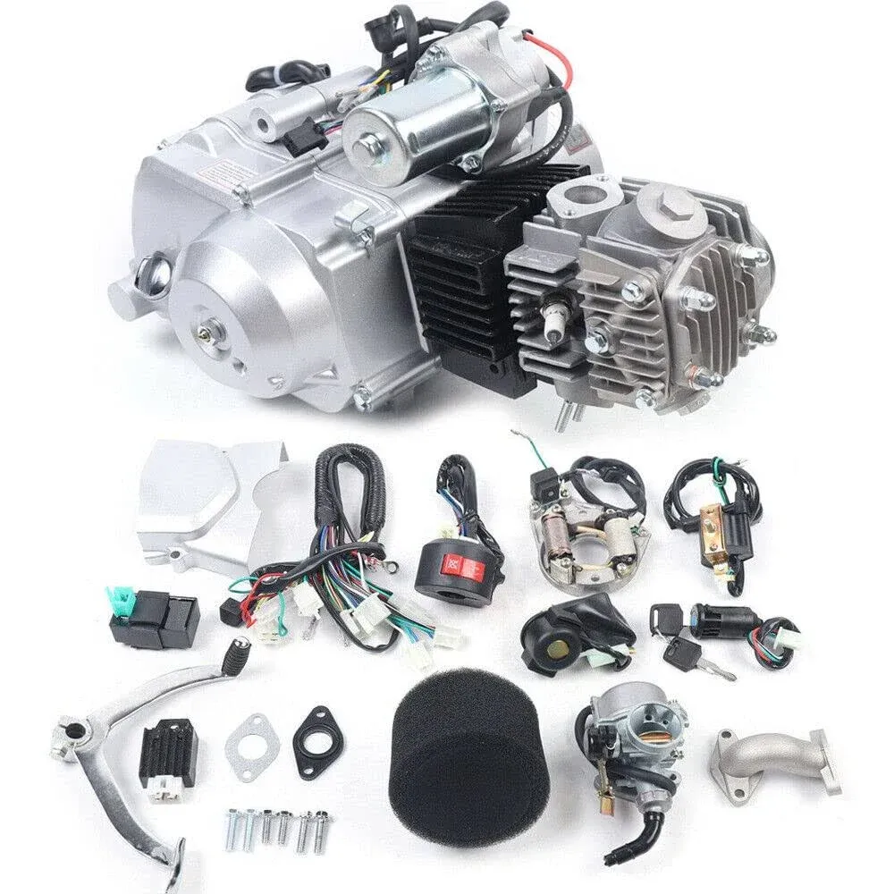 125CC 4-Stroke Semi Auto Engine Motor, 4 Speed ATV Quad Engine Motor Complete Kit, Single Cylinder Air-Cooling Motor w/Reverse Electric Starter for Go Kart, Dirt Bike, ATV, Pit Bike and More