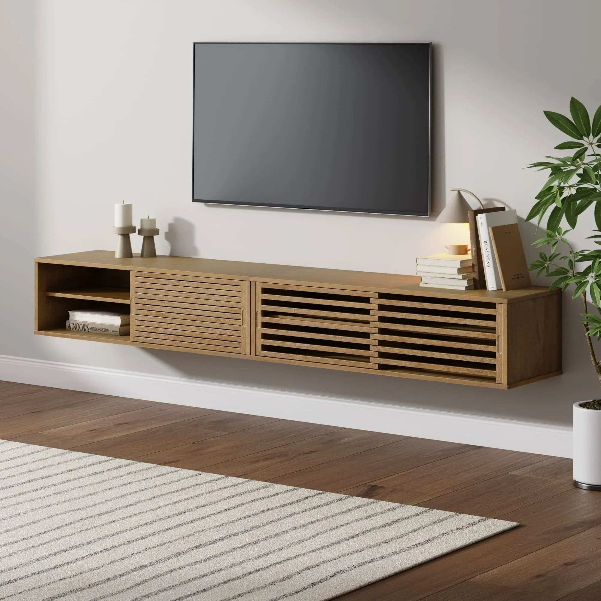 Nathan James Monroe Floating TV Stand, Wall Mount TV Console with Storage, Modern Media Cabinet - Light Brown