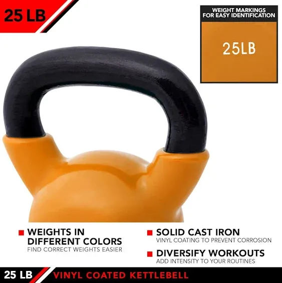 Kettlebell Weights Vinyl Coated Iron - 12 Size Options, 5lbs-50lbs -