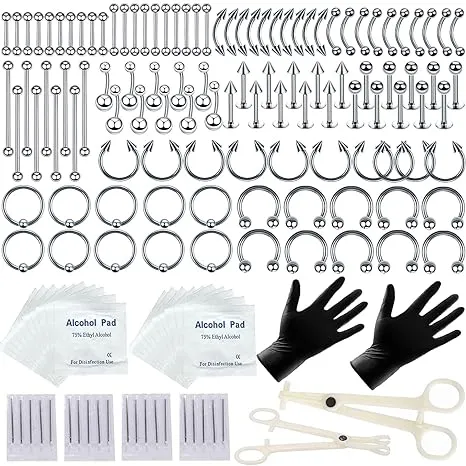 Tustrion 154pcs Mixed-pack Nose Piercing Kits for All Piercings,Stainless Steel Piercing Jewelry Kit 14g 16g for Ear Cartilage Tragus Nose Septum Lip