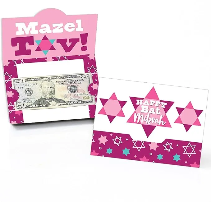 Big Dot of Happiness Pink Bat Mitzvah - Girl Party Money and Gift Card Holders - Set of 8