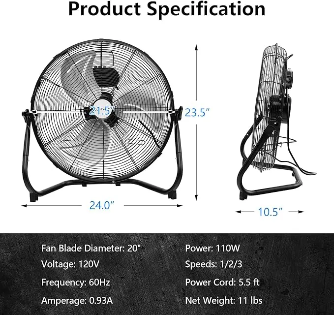 COSTWAY Floor Fan, 20-inch High Velocity Floor Fan with 225° Adjustable Tilt, 3-Speed Adjustable, Heavy Duty Metal Industrial Floor Fan for Home Garage Warehouse Workshop Outdoor Indoor Use, Black