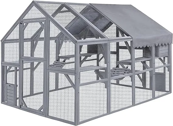 Large Cat Cage Patio Catio Outdoor Cat House, Waterproof, Sunscreen and UV Protection Cat Run House with Bridges, Walks, Sleeping Room, Roof Cover,110”x73”,Grey