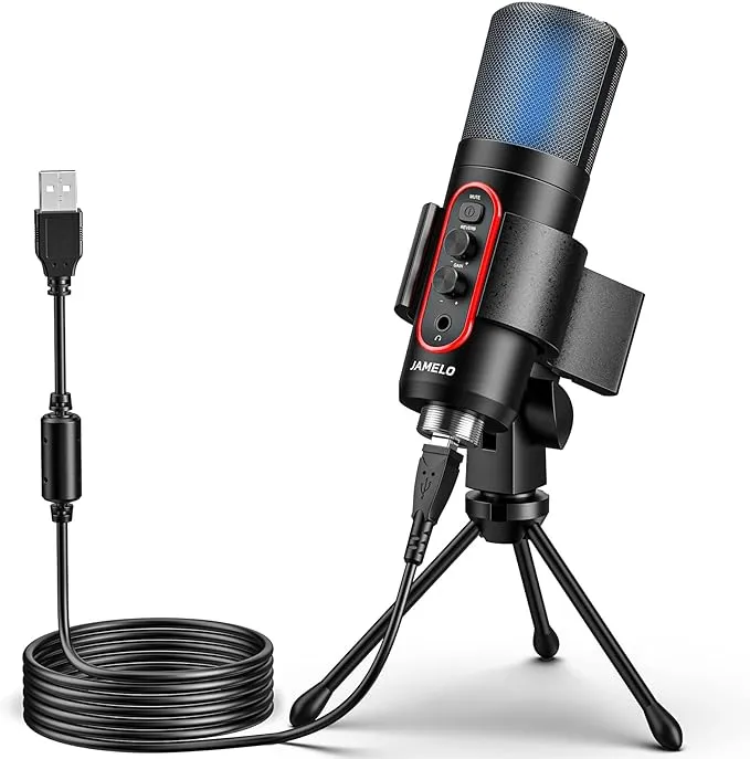 JAMELO USB Microphone, Cardioid Condenser Computer PC Mic with Tripod Stand for Gaming, Streaming, Podcasting, YouTube, Voice Over, Twitch, Compatible with Laptop Desktop(Black)