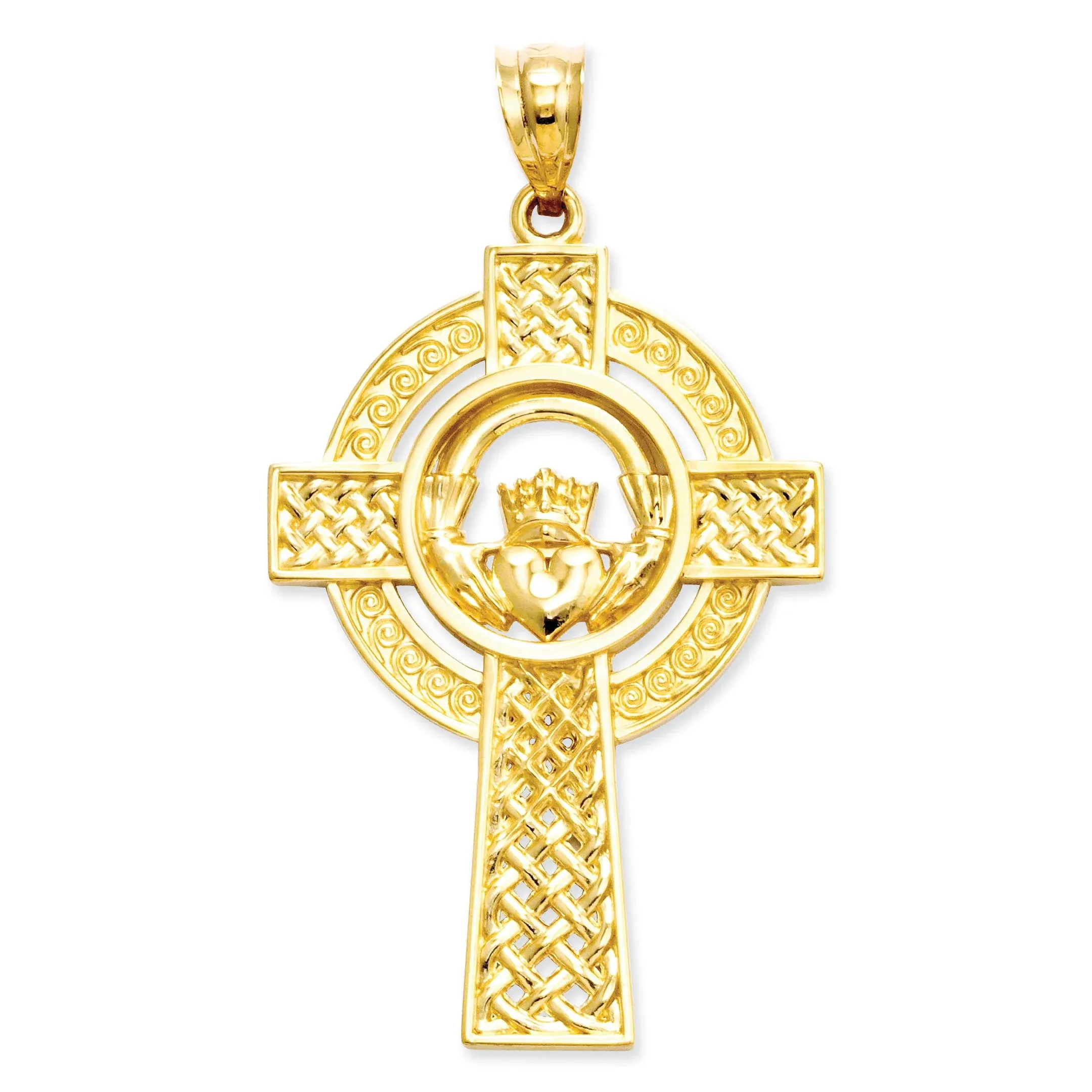 14K Yellow Gold Celtic Claddagh Cross Pendant