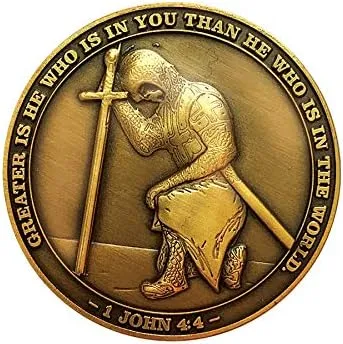 The Task Ahead Coin, I Can Do All Things, Challenge Coins, Antique Gold-Color Plated, Featuring a Kneeling Knight Templar and Philippians 4:15