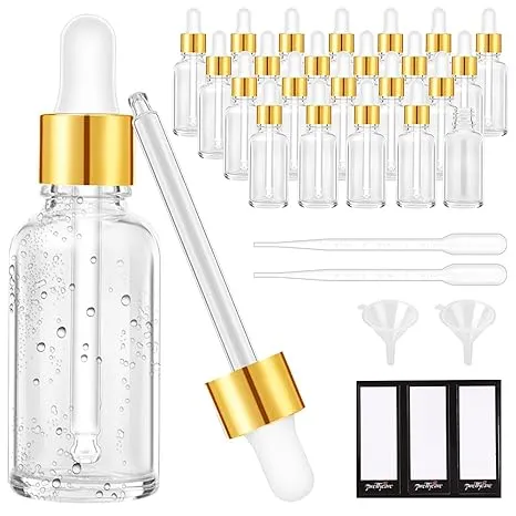 PrettyCare Eye Dropper Bottle 0.5 oz (24 Pack Clear Glass Bottles 15ml with Golden Caps, 2 Extra Measured Pipettes, 48 Labels, 2 Funnels) Empty Tincture Bottles for Essential Oils