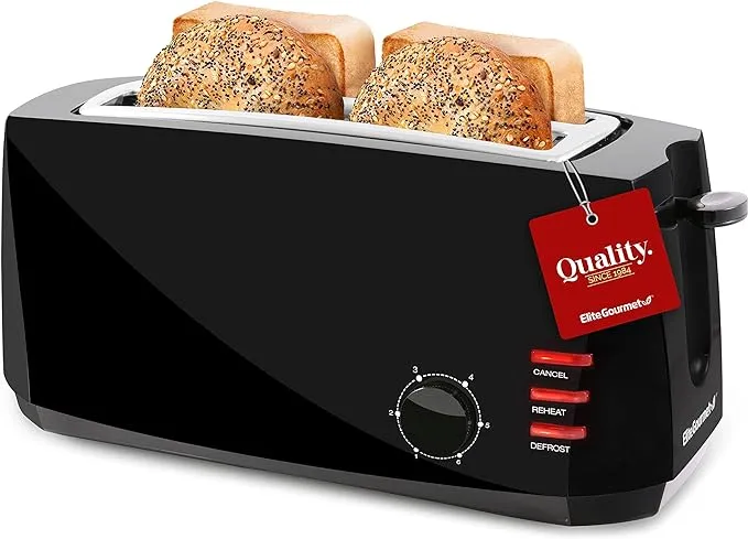 Elite Gourmet ECT4829B# Long Slot 4 Slice Toaster, Reheat 6 Toast Settings, Defrost, Cancel Functions, Built-in Warming Rack, Extra Wide Slots for Bagels Waffles, Black