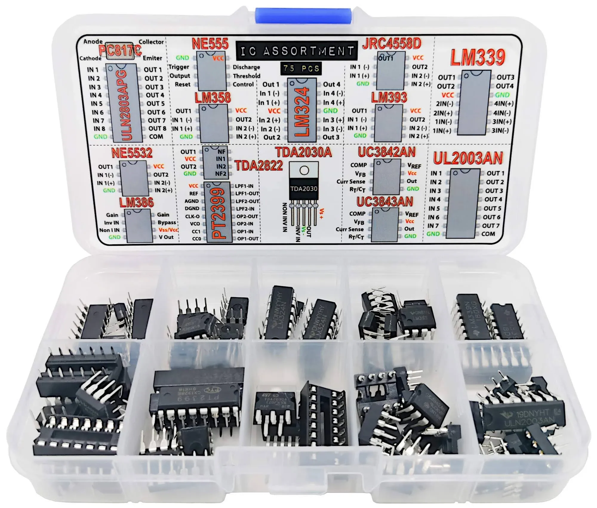 IC Assortment Box 75 pcs, PC817c, NE555, LM358, LM324, JRC4558D, LM393, LM339, NE5532, LM386, PT2399, TDA2822, TDA2030A, UC3842AN, UC3843AN, ULN2803APG, ULN2003AN and Sockets