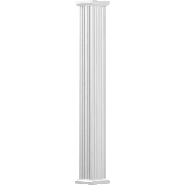 8" x 8' Endura-Aluminum Column, Square Shaft (Load-Bearing 24,000 lbs), Non-Tapered, Fluted, Gloss White Finish w/ Capital & Base