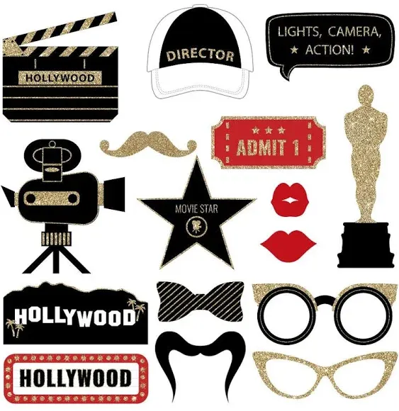 Fully Assembled Hollywood Photo Booth Props - Set of 30 - Black Gold Red Selfie Signs - Movie Night Themed Party Supplies & Decorations - Cute Oscars Designs with Real Glitter - Did we mention no DIY?