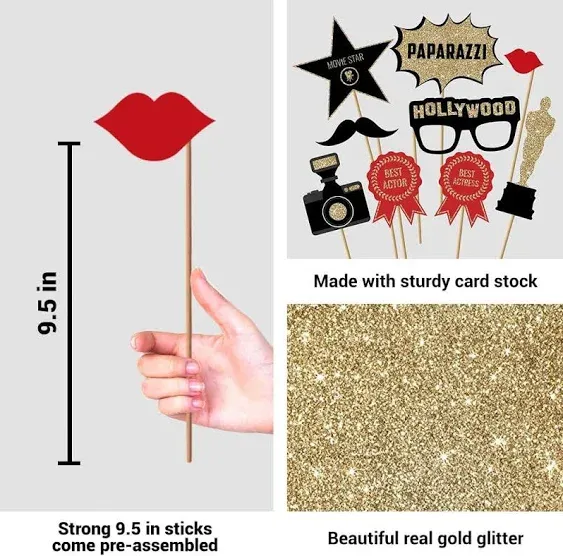 Fully Assembled Hollywood Photo Booth Props - Set of 30 - Black Gold Red Selfie Signs - Movie Night Themed Party Supplies & Decorations - Cute Oscars Designs with Real Glitter - Did we mention no DIY?