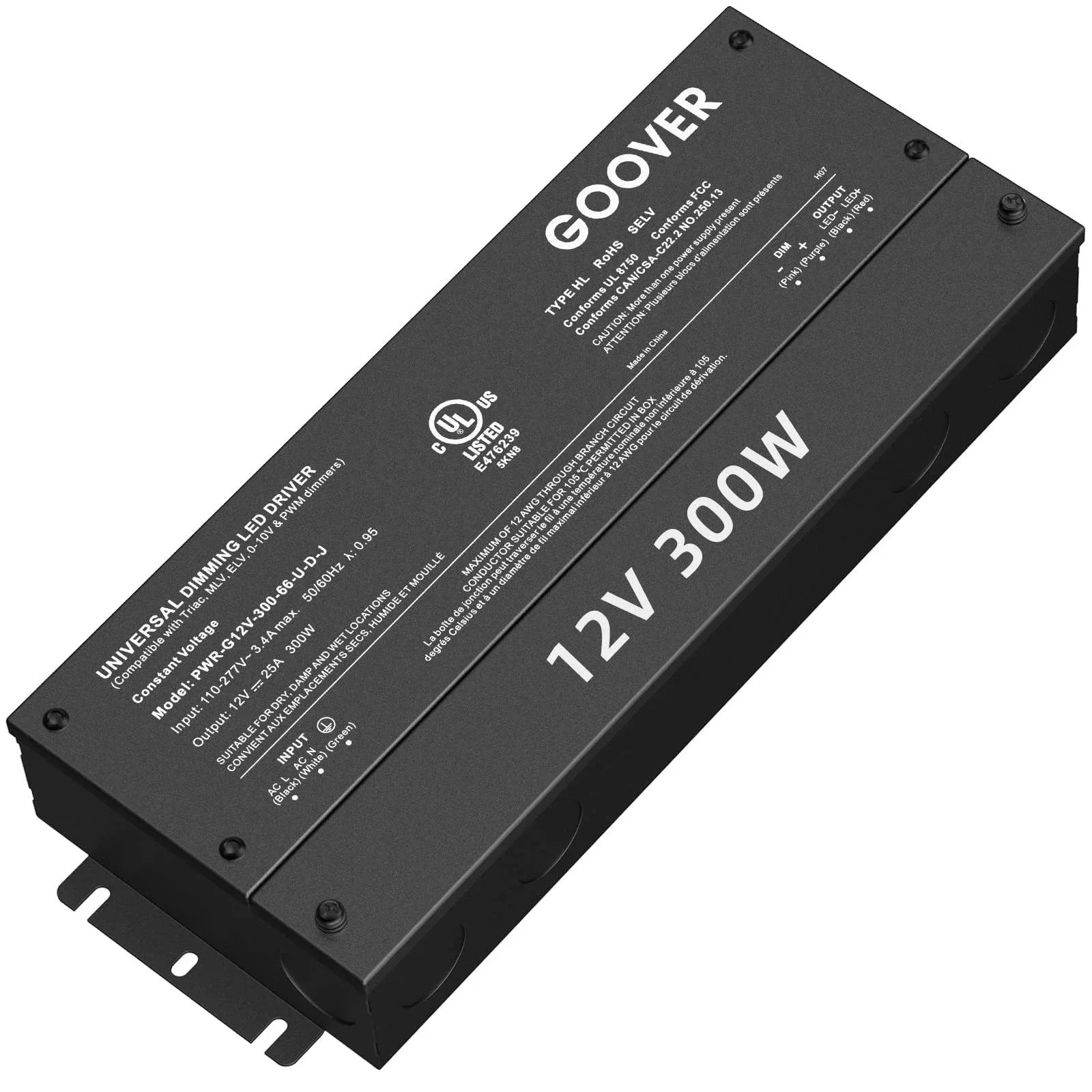 GOOVER 300W Dimmable LED Driver, 12V Triac Dimmable Power Supply, AC to DC Transformer,5-in-1 Dimming: ELV/MLV/TRIAC / 0-10V / 1-10V / 10V PWM