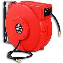 ReelWorksAir Hose Reel Retractable 1/4" Inch x 65’ Foot Hybrid Polymer Hose, Max 300 Psi Compressor Water Plastic Spring Driven Swivel Bracket Polypropylene Case Construction Industrial