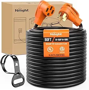 Nilight 50 Amp 50FT RV EV Extension Cord 250V Heavy Duty 6/3+8/1 Gauge Pure Copper STW Wire UL ETL Listed 4 Prong 14-50P 14-50R 50F/50M Cable Suit for EV Charging RV Trailer Campers, 2 Years Warranty