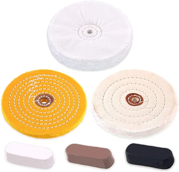 6 Piece Polishing Compounds Kit with 3 Assorted Buffing Wheels Including Black Emery, Brown Tripoli, White Diamond, Yellow (30 Ply) Flannel (30 Ply), Cotton (40 Ply) for polishing