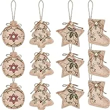 Jetec 12 Pieces Rustic Christmas Burlap Tree Ornaments Farmhouse Hanging Decorations Christmas Stocking Tree Ball Shaped Decor for Christmas Party