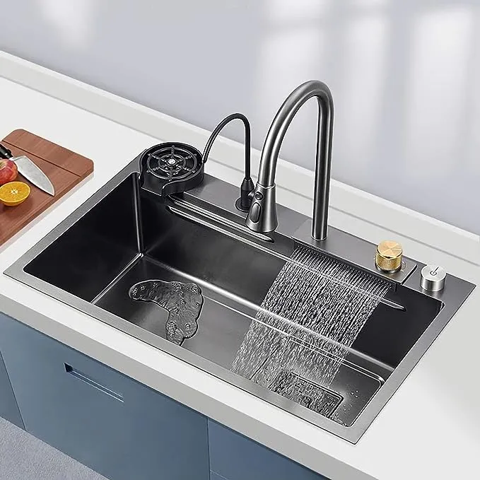 Kitchen Sink Black Stainless Steel Sink Washing, Draining and Cutting 3-in-1 Utility Sink Multi-functional Farmhouse sink with Kitchen Sink Accessories （31.5 * 17.7in）