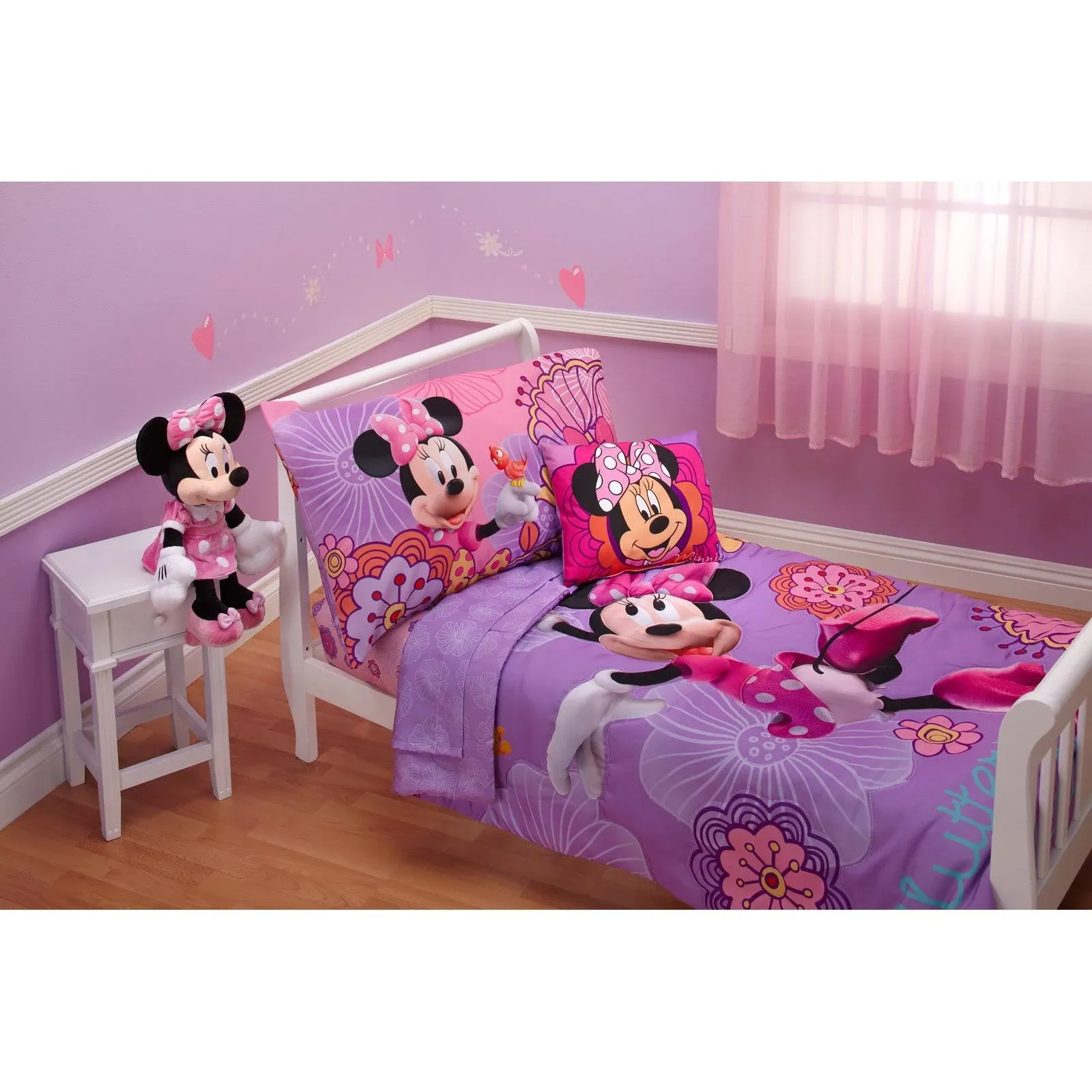 Disney Minnie Mouse Fluttery Friends 4-Piece Toddler Bedding Set, Pink/Purple