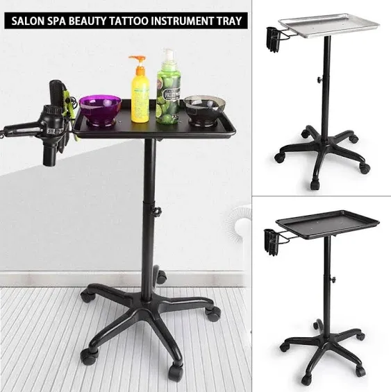 Adjustable Height Rolling Beauty Salon Aluminum Tray Cart - Black