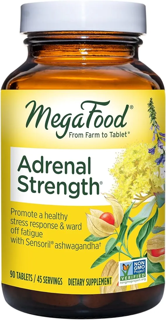 MegaFood Adrenal Strength - Sensoril Ashwagandha, Vitamin C, fermented Magnesium Glycinate, Rhodiola Rosea, Reishi Mushroom & Food Blend - Supports a Normal Stress Response - 90 Tabs (45 Servings)