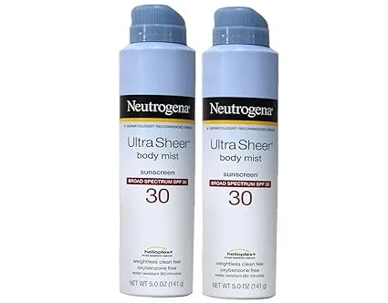 Neutrogena Ultra Sheer Body Mist Fullreach Sunscreen Spray Broad Spectrum SPF 30, Lightweight & Water Resistant, Oil-Free & Non-comedogenic, 5 oz (Pack of 2)