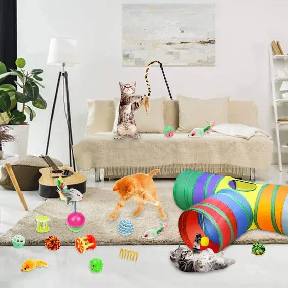 Malier Cat Toys Kitten Toys Set Collapsible Cat Tunnels for Indoor Cats Inter...