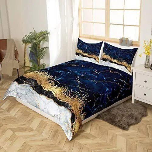 Marble Duvet Cover Set Gold Giltter Bedding Set Navy Blue Stone Marble Comforter