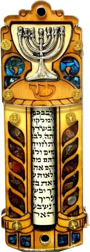 Wooden Door Mezuzah with Scroll Semi-Precious Stones Menorah Israel Judaica Gift