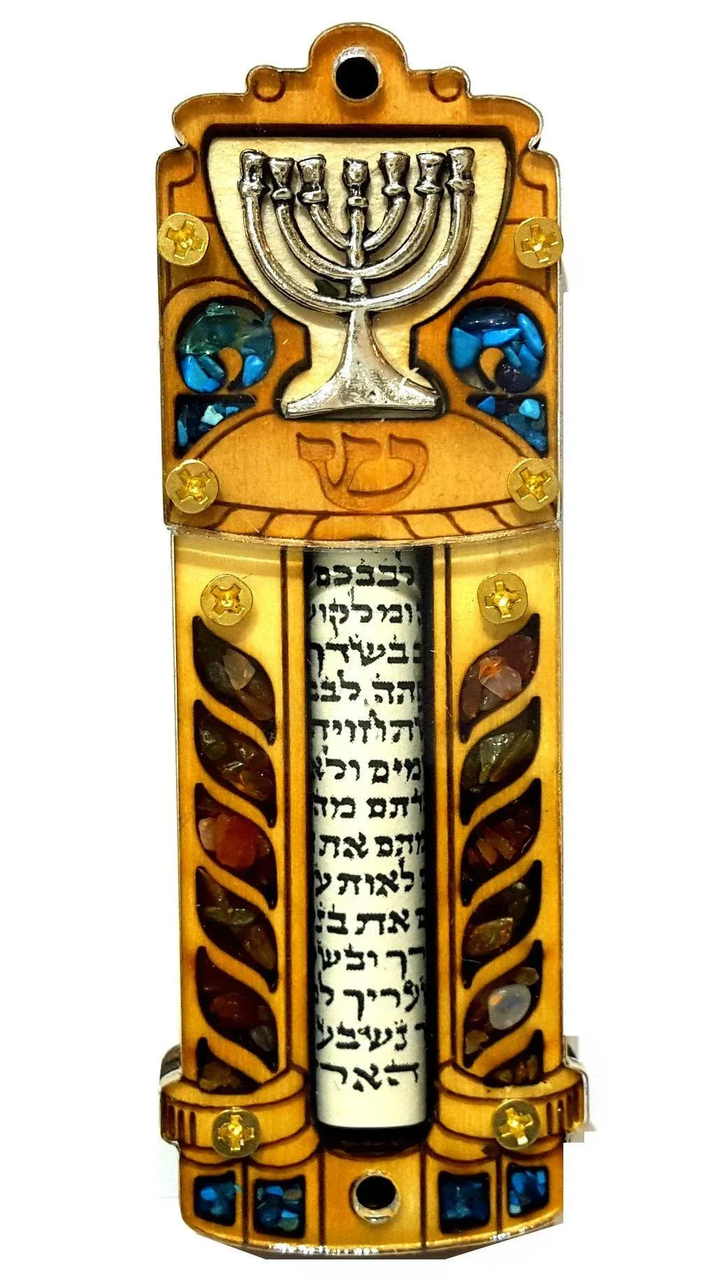 Wooden Door Mezuzah with Scroll Semi-Precious Stones Menorah Israel Judaica Gift