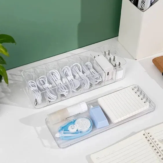 Yesesion Clear Plastic Cable Organizer Box with Adjustment Compartments, Desk