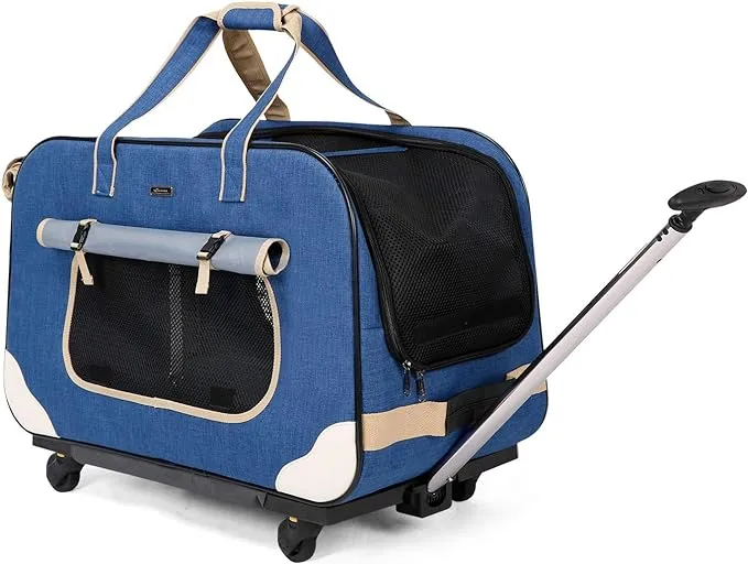 ELEGX Large Space for Up to (28 LBS-35 lbs) Pet Rolling Carrier Blue