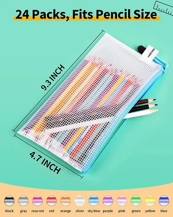 Pencil Pouch Bulk, 24 Pack 12 Colors 9.3&#034; X 4.7&#034; Small Mesh Zipper Pouches Penci