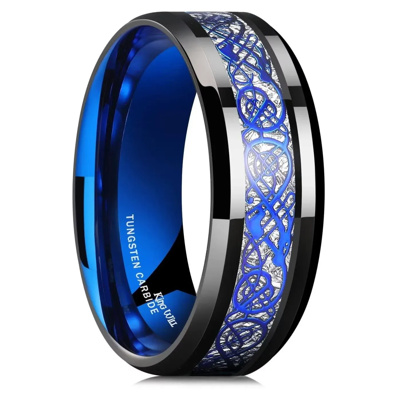 King Will Dragon Mens Black Tungsten Carbide Ring 8mm Blue Celtic Dragon Wedding ...